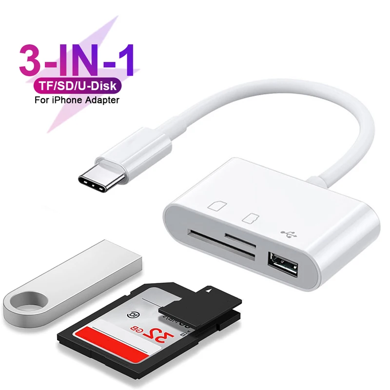 3 In 1 Type C Card Reader Adapter Multi Port TF CF SD Memory Card Reader USB Hub Converter For iPhone Laptop Samsung Xiaomi iPad
