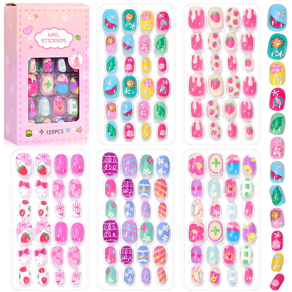 120Pcs/Box Cartoon Gril Princess Children Press On Nails 6-14Years Kawaii Cat/Flowers/Rainbow Nail Tips With Jelly Gel Girl Gift