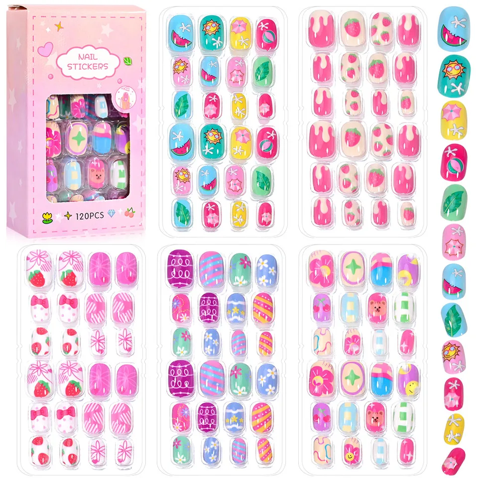 120 piezas/caja de uñas postizas para niñas princesa, de 6 a 14 años, kawaii con gatos, flores, arcoíris, incluye gel tipo gelatina, regalo para niñas 2