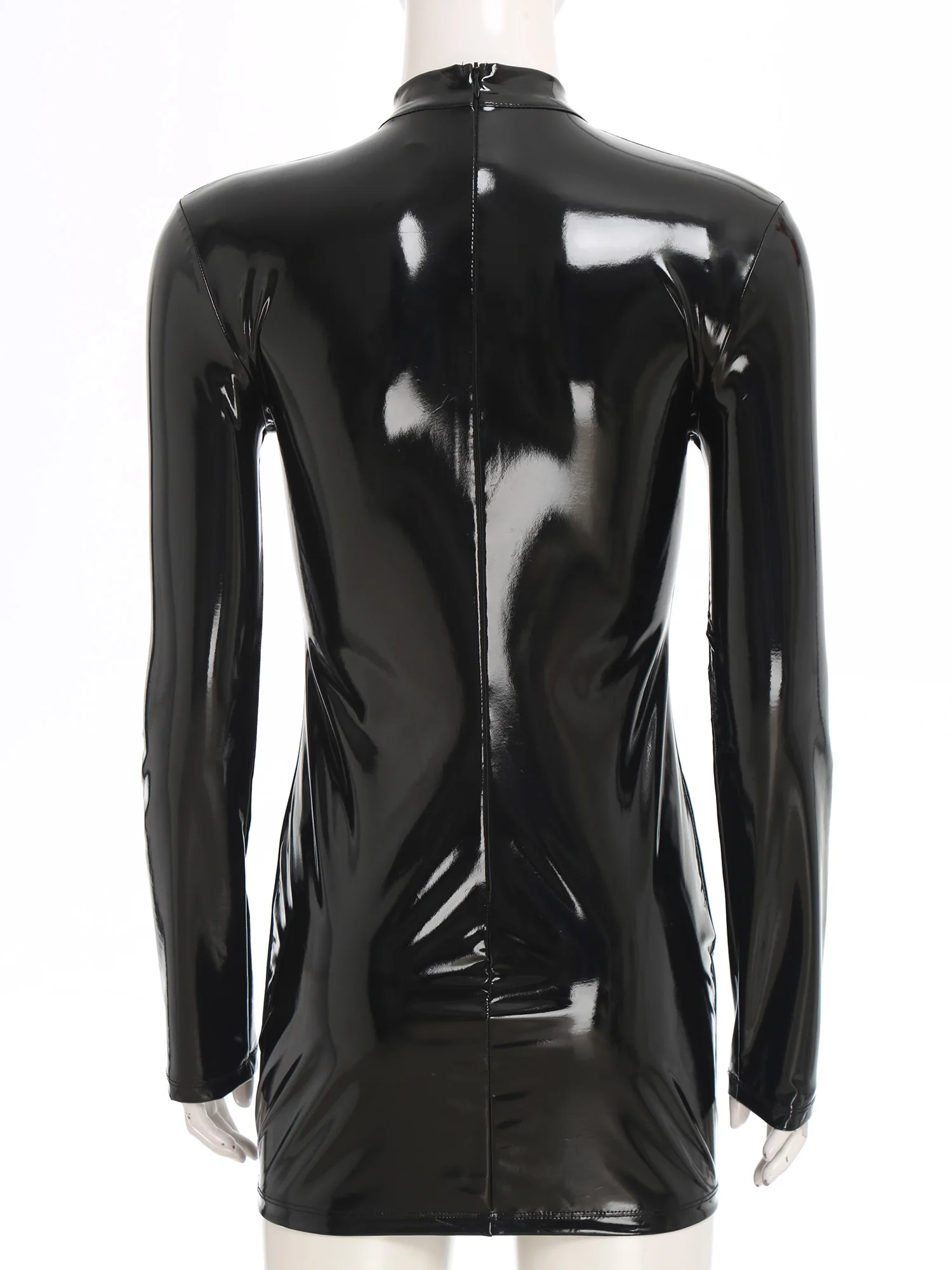 Women Patent Leather Nun Sister Cosplay Dress Long Sleeve Slit Hem Shiny Slim Fit Micro Dress for Halloween Carnival Party Dress - Image 3