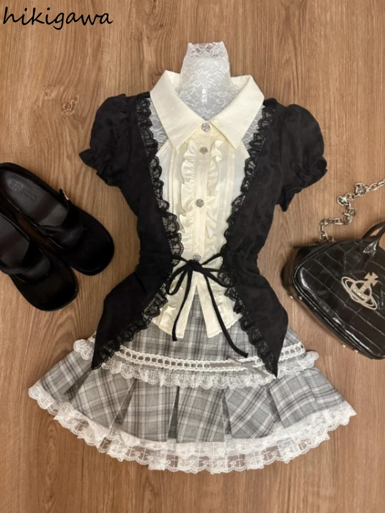 Two Piece Sets Women Skirts Outfits Slim Waist Patchwork Fake Two Shirt A-line Lace Plaid Mini Skirt Suit Fashion Sweet Y2k Set