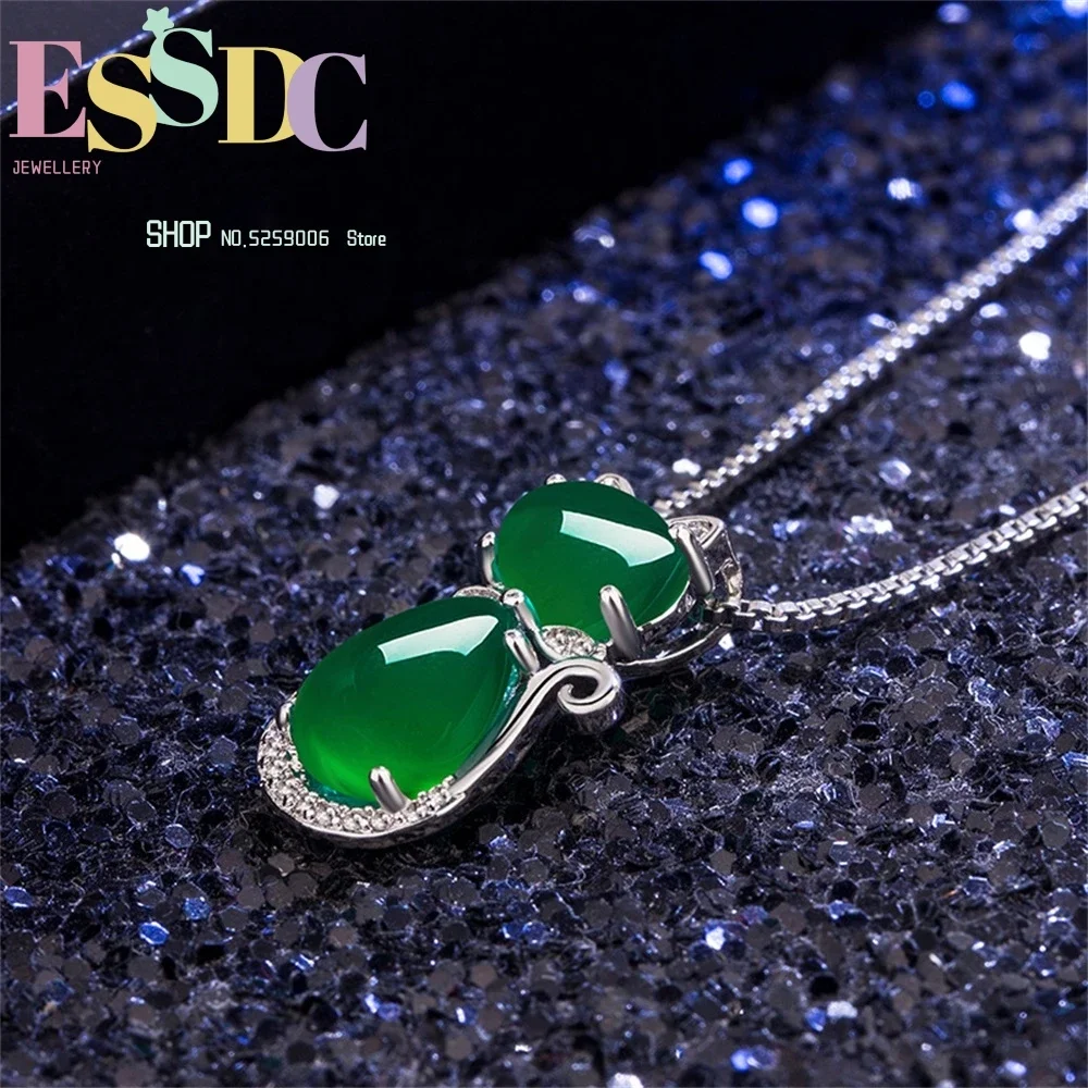 

Natural Green Jade Chalcedony Cat Agate Pendant 925 Silver Necklace Chinese Carved Fashion Charm Jewelry Amulet for Women Gifts