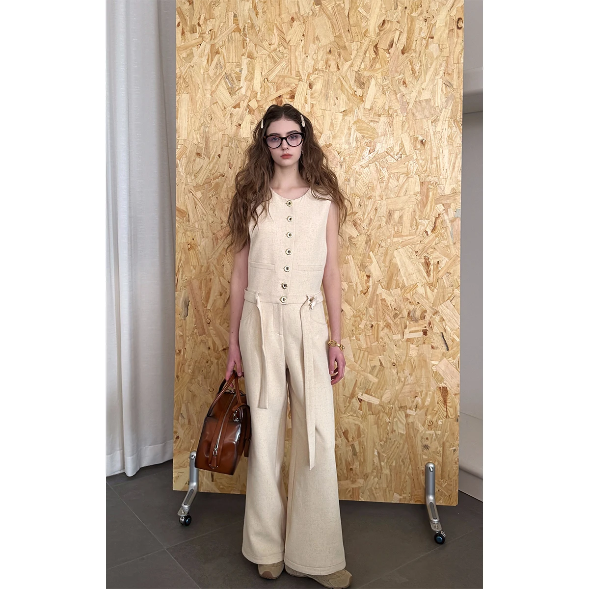 

Scout Art Student Loose Casual Pants Women's Tea Rose Design Gold Buckle Shoulder Straps Polyester Blend Comfortable Fit