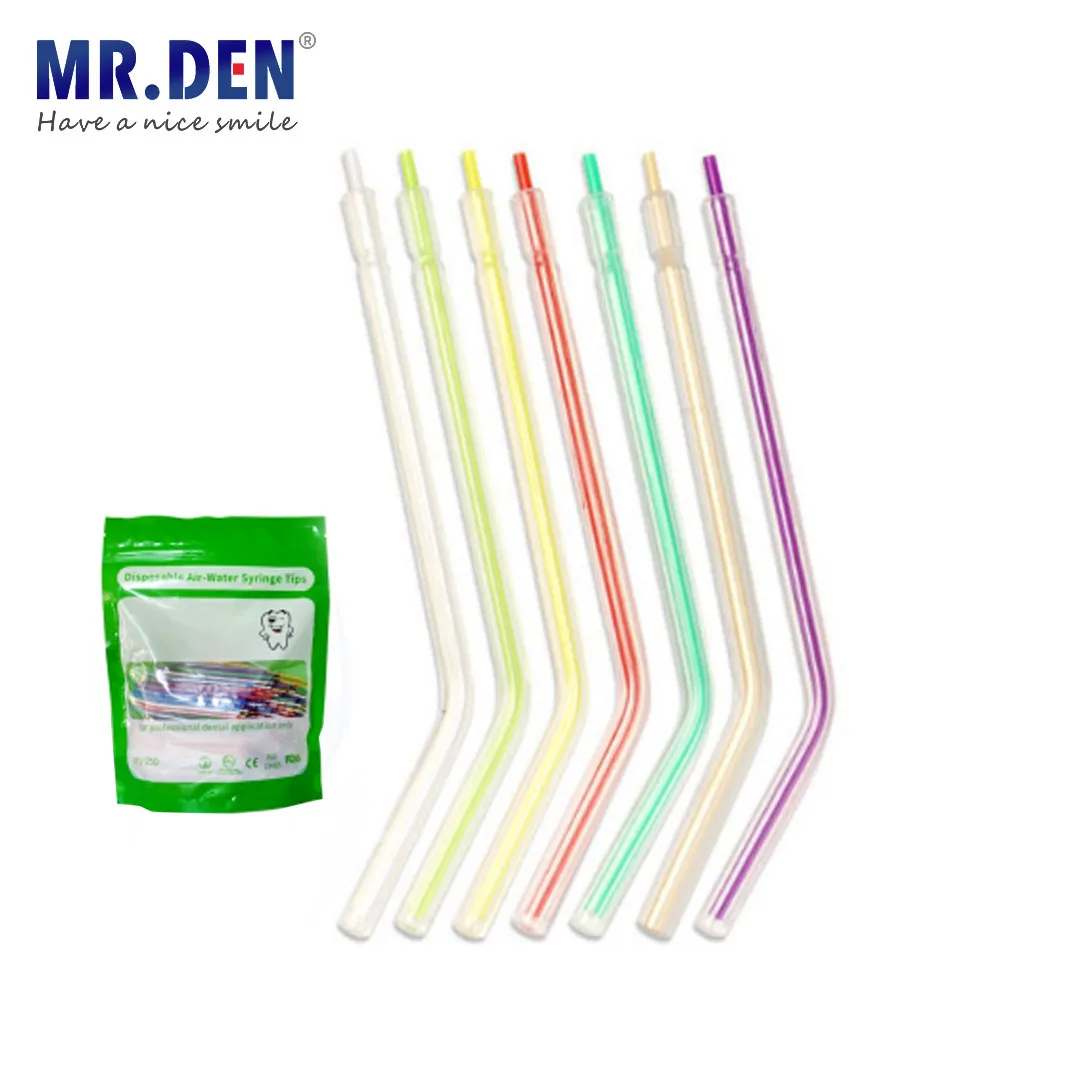 Bicos coloridos descartáveis para seringa de ar e água, pontas de pulverização dental, cadeira, materiais odontológicos, 250 pcs