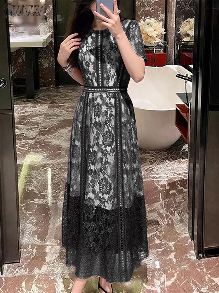 ZANZEA Robe élégante femmes été dentelle Robe d'été fête Vestido 2025 Vintage décontracté évider à manches courtes Robe faux 2 pièces ensembles