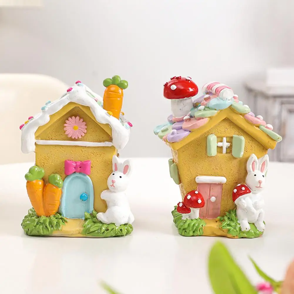 Miniature House Figurines Small Easter Bunny Gingerbread House Statue Resin Micro Landscape Tabletop Ornament for Home Party Dec