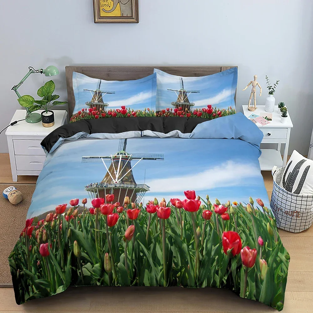 

Traditional Dutch Windmills Vintage Rails And Cars Comfortable Duvet Quilt Cover Pillowcase Bedding Set Decoration Home Textile