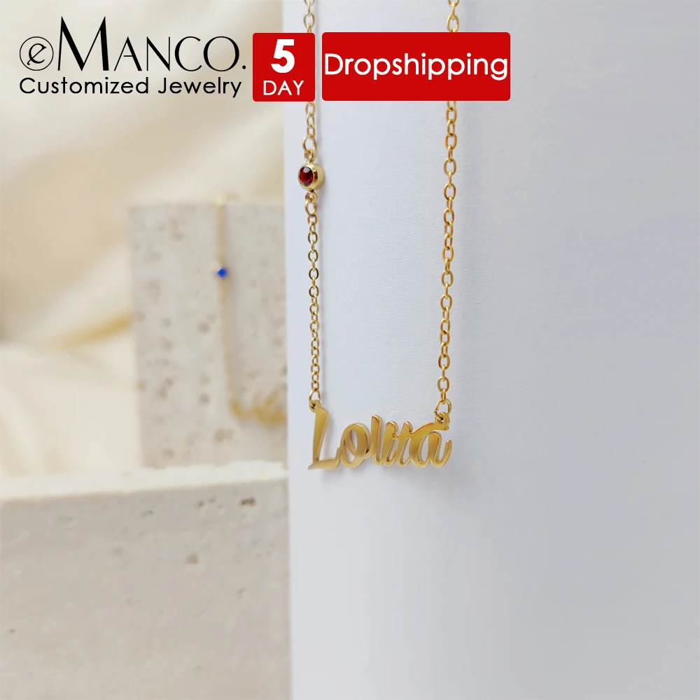 EMANCO  Minimalist Style Stainless Steel Link Chain Necklace Custom Women's Name Crystal Pendant Fashion Jewelry Accessory