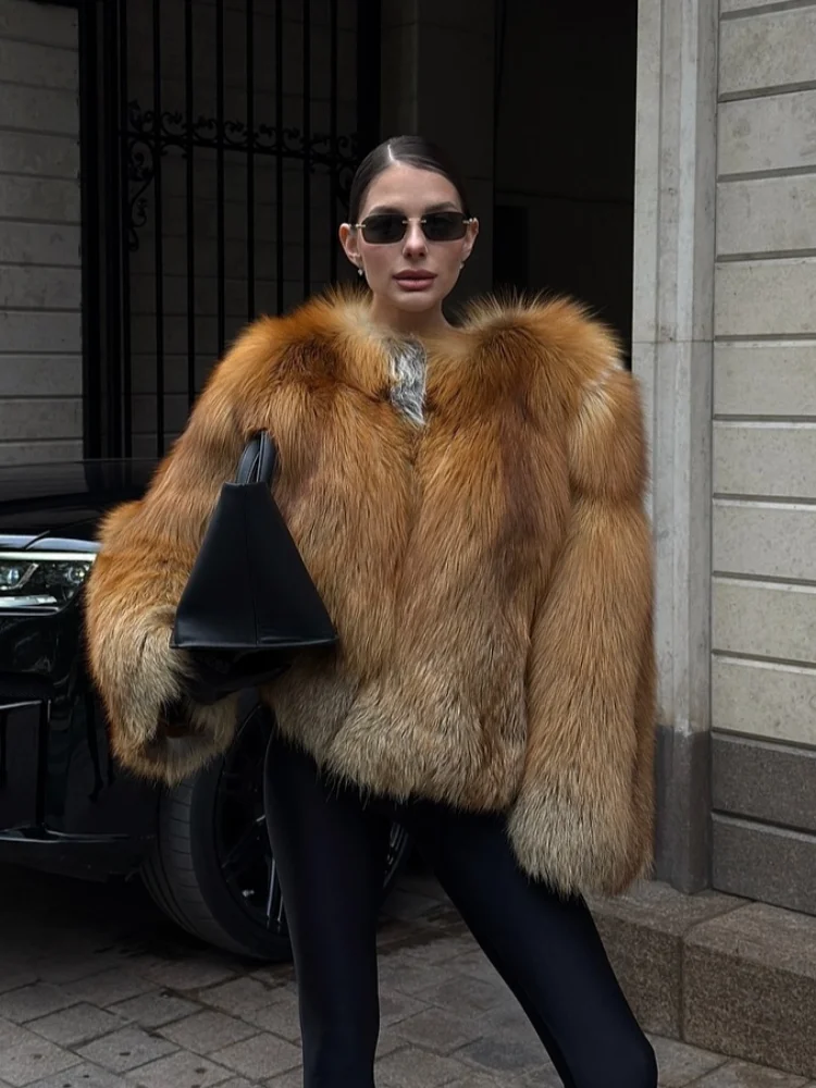 Luxuriöser zweifarbiger Kunstpelz-Kurzmantel für Damen, elegant, volle Ärmel, locker, warm, abgeschnittene Jacken, 2025, für Damen, Winter, Street Fashion, Oberbekleidung