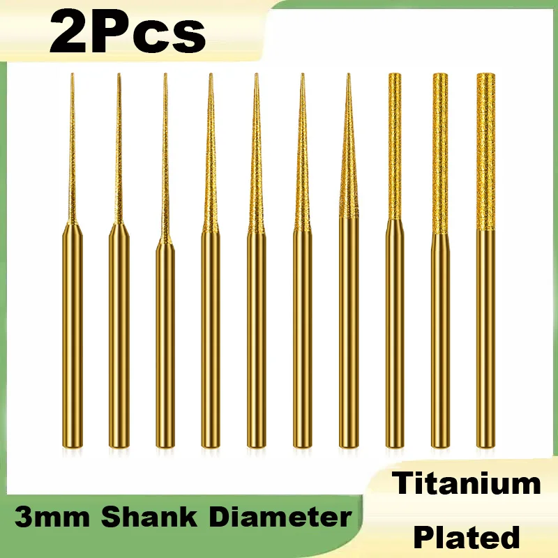 2Pcs Diamond Grinding Head 3mmShank Titanium Plated Extended Pointed Cylindrical Jade Expanded Hole Diamond Sand Grinding Needle