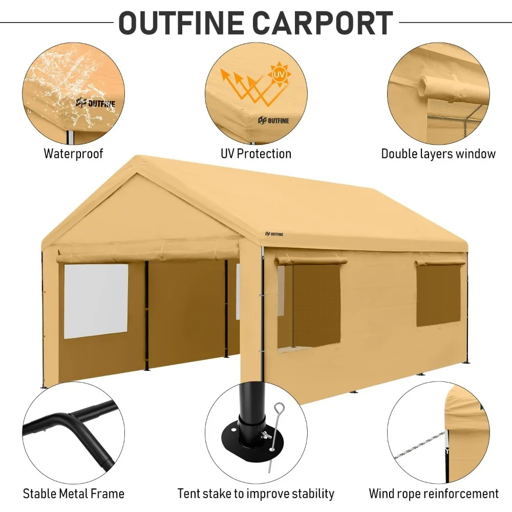 Carport Canopy 12x20 FT Heavy Duty Boat Car Canopy Garage with Removable Sidewalls and Roll-up Ventilated Windows, (Beige)