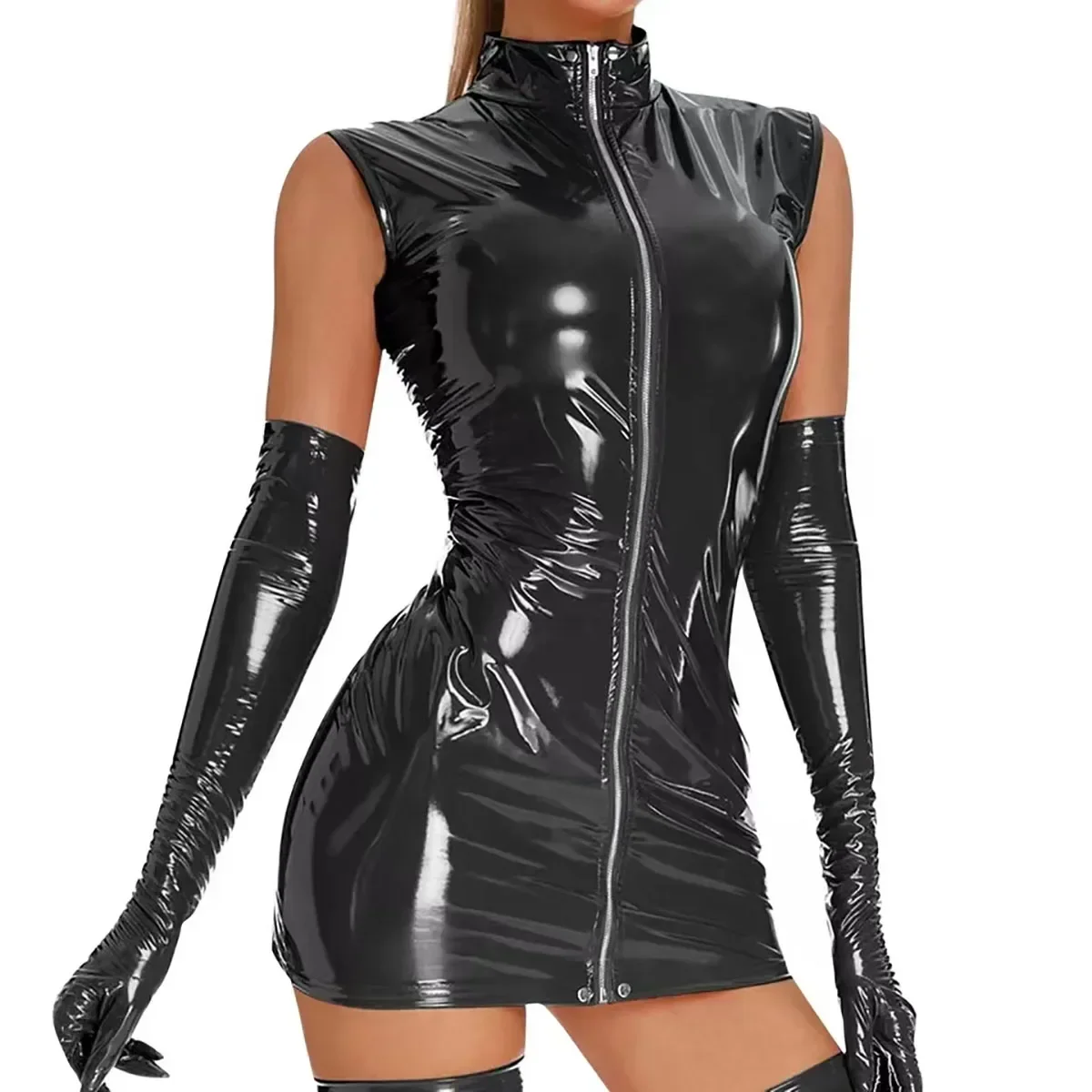 

5XL Women Sexy Shiny Leather Dress Erotic Zipper Open Crotch Latex Sheath Bag Hip Skirt Sexy Bottom Porn Breast Exposing Sexi