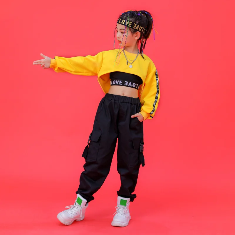 Hiphop Pants Suit Girls Jazz Street Dance Wear Children'S Day New Summer Hip-Hop Dance Costumes For Kids Yellow Crop Top