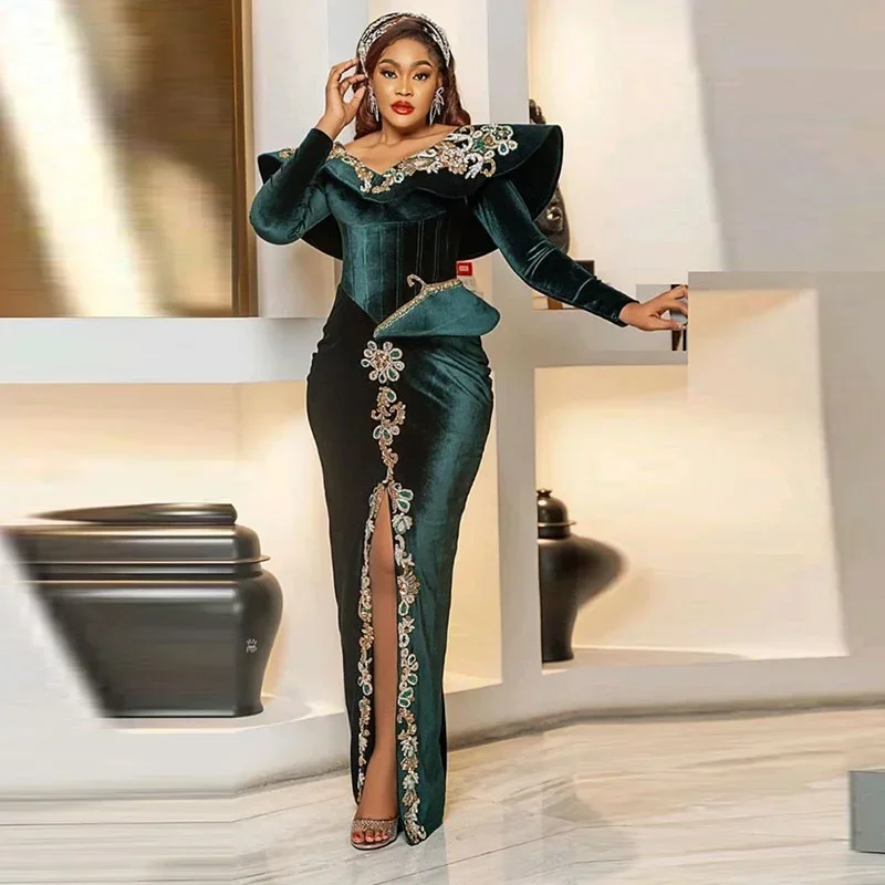 

Front Slit Wedding Party Dress Dark Green Evening Gowns Aso Ebi Lace Appliques Beads Long Sleeves Prom Dresses