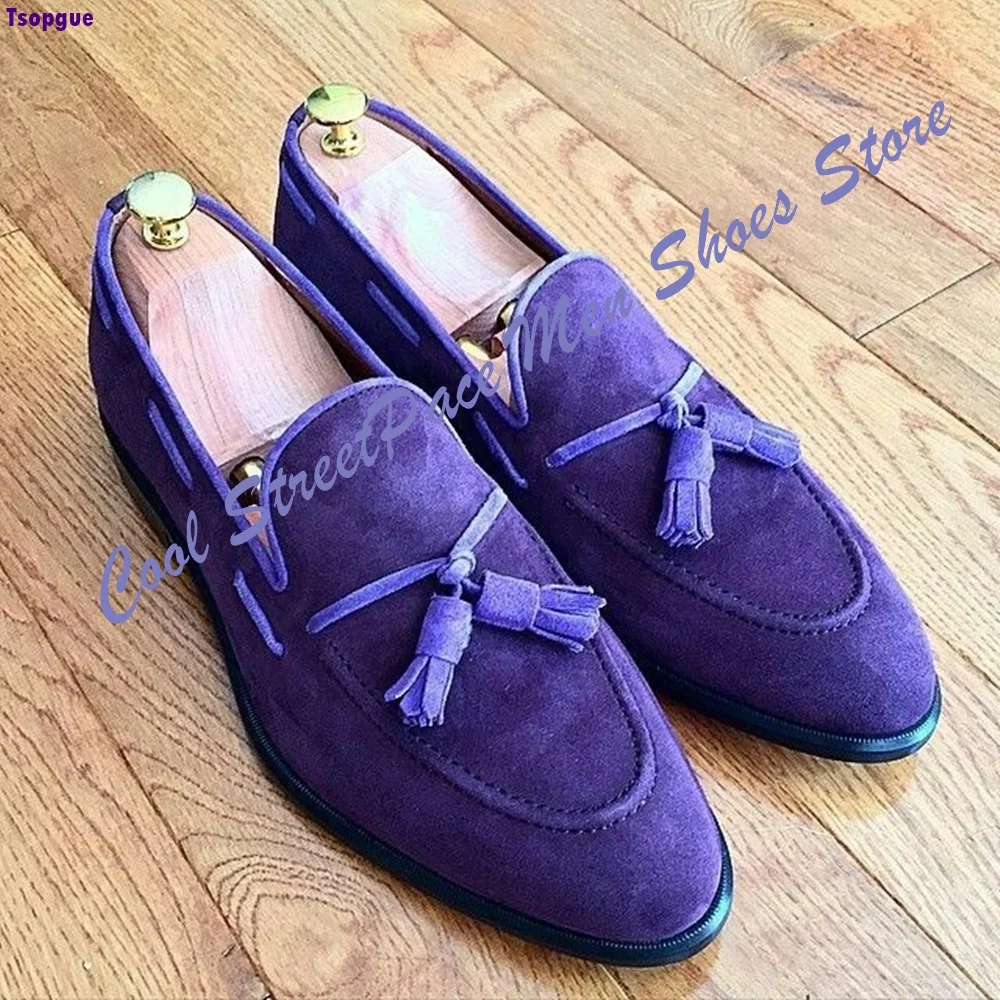Purple Faux Suede Men Slip On Loafers Matching Bow Tassel Pointed Toe Wedding Evening Green Blue Color Fashion Dress Shoes