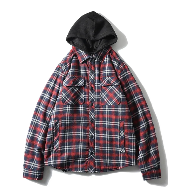 Winter Men\'s Plaid Thick Fleece Hooded Shirts Jacket Autumn Outwear Flannel Quilted Lined Checkered Shirt Man Camisas De Hombre