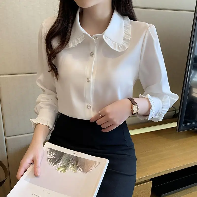 

Office Lady White All-match Youth Shirt Tops Spring Long Sleeve Preppy Style Loose Blouse Fashion Korean Women Clothing JJ765
