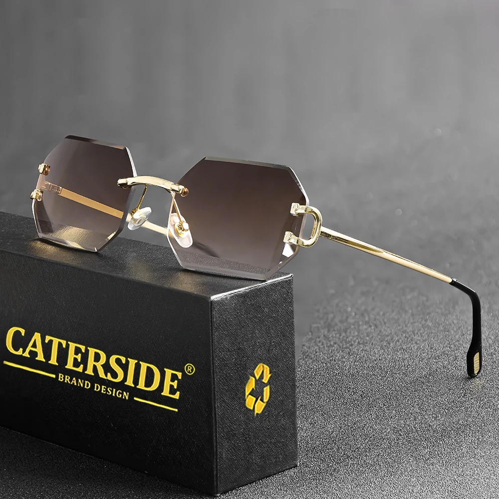 CATERSIDE Rimless Polygon Men\'s Sunglasses Octagonal Vintage Shades Gradient Traveling UV400 Women Sun Glasses Party Business