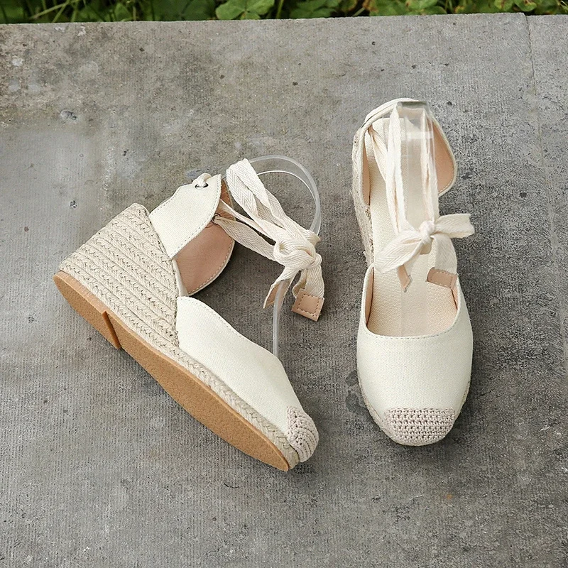 Women Espadrille Ankle Strap Sandals Slippers Ladies Womens Casual Wedge Shoes Breath Flax Hemp Canvas Pumps Platform Sandals