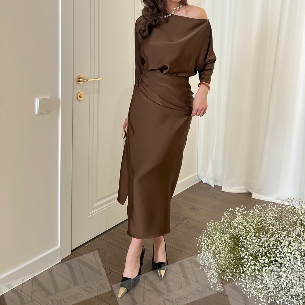 

Women's Straight Evening Dresses Tea-length One-shoulder Full Sleeve Prom Gown Simple Fashion Pleat Backless Customized Gowns