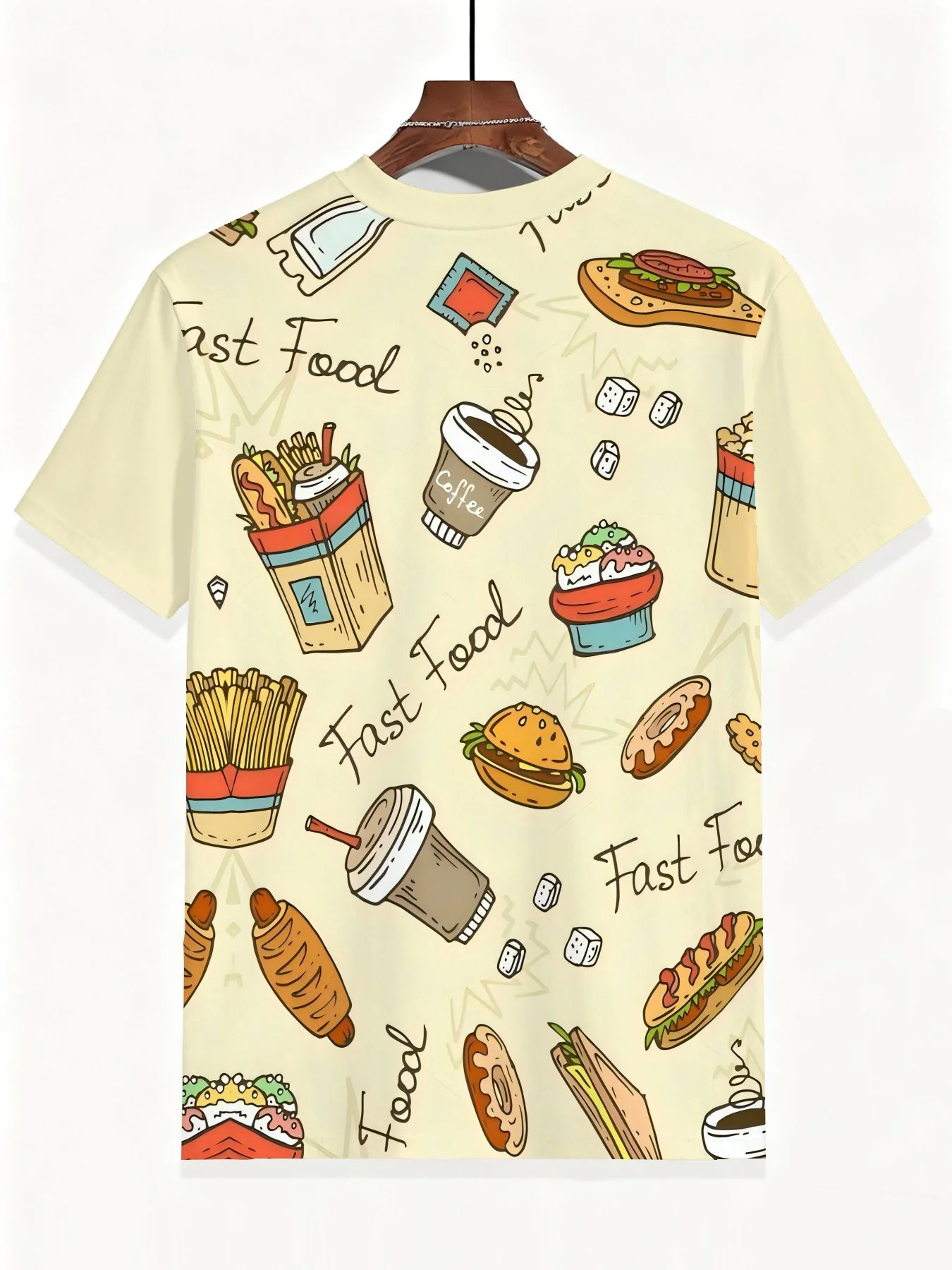 Girls Fast Food Doodle T-Shirt, Cartoon Burger Fries Coffee Donut Print Short Sleeve Crew Neck Kids Graphic Tee