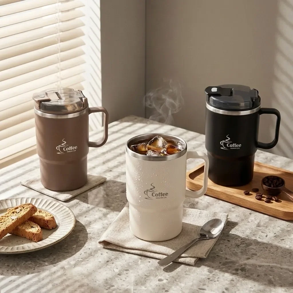 304 Stainless Steel Travel Coffee Mug With Handle Lid Tea Filter Folding Spoon Thermal Tumbler Insulated Cup Water Drinkware