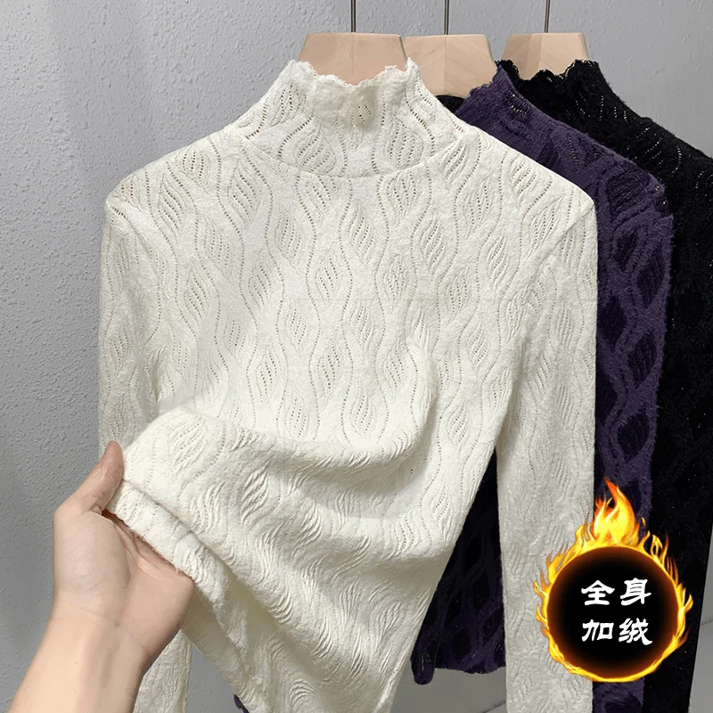 Camisa básica de encaje cepillado de gama alta, cuello semialto de terciopelo, moda y elegante, manga larga ajustada, novedad de otoño e invierno de 2024