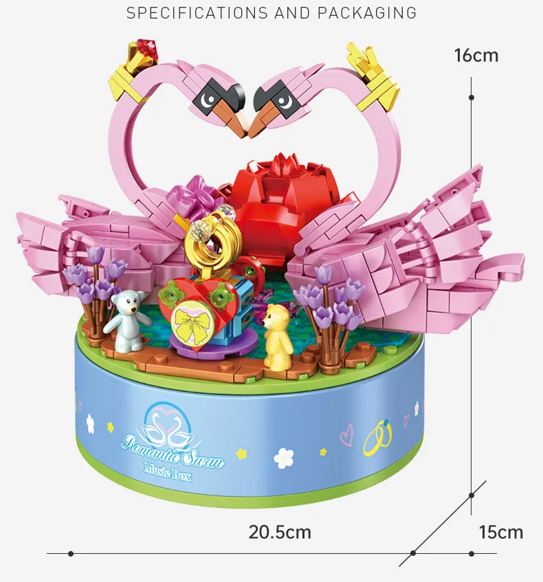 Moc girando rosa cisne amor pássaros caixa de música blocos de construção conjunto romântico ganso decoração brinquedos aniversário feriado presentes do dia dos namorados