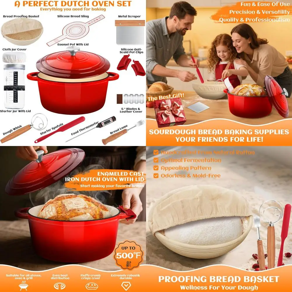 

Enameled Cast Iron Dutch Oven Pot with Lid, Incl. Sourdough Bread Baking Supplies Like Banneton Bread Proofing Basket, Starter J