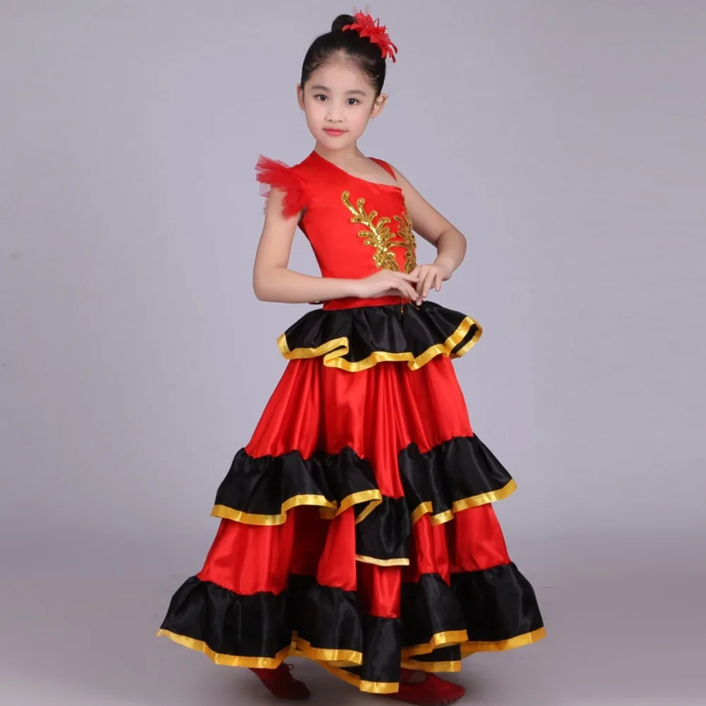 Abito Flamenco Spagnolo per Bambine, Vestito da Ballo con Balze a Strati in Raso, per Festival, Carnevale, Spettacoli Teatrali e Danza