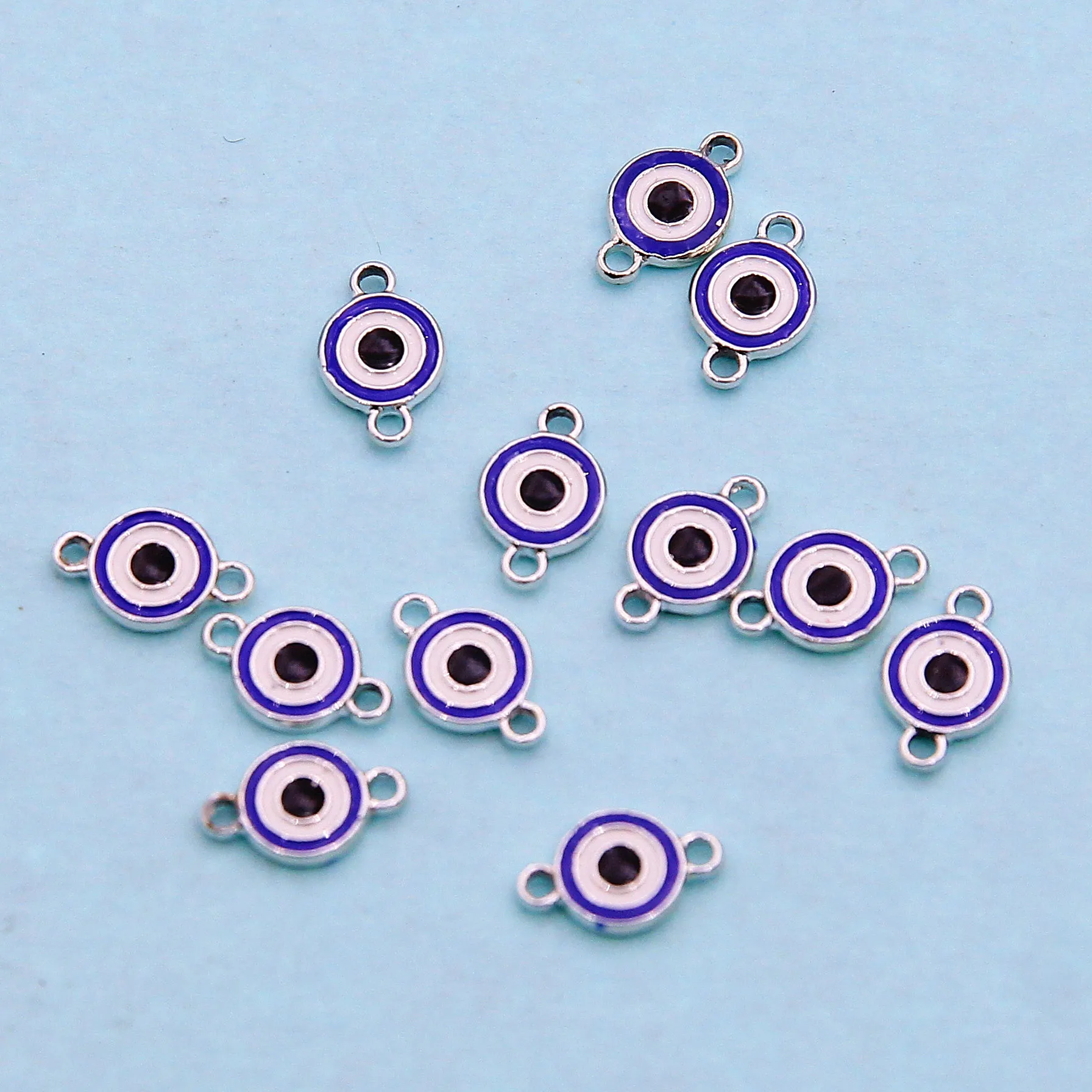 Conector de aleación de doble Ojo de diablo azul, 10 piezas, 11x7mm, DIY, collar de ojos azules turcos, accesorios de pulsera