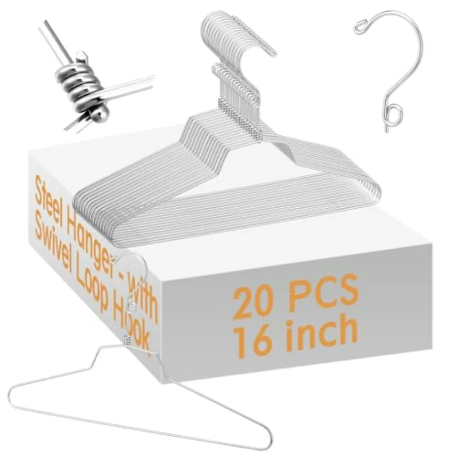 20 قطعة 16 شماعات معدنية قابلة للتكديس شماعات ملابس من الفولاذ المقاوم للصدأ مع خطاف دوار لمنظمة خزانة المنزل سلك عالي التحمل