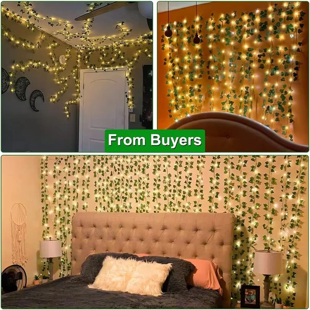 Green Leaf Ivy Vine LED String Lights Silk Leaves Fake Vine DIY Wedding Party Home Garden Decor LED Light Leaf Artificial Flower