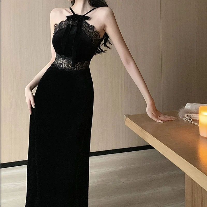 Party Dress Woman Sleeveless Halter Lace Patchwork Bow Backless French Style Velvet Slim Vintage Black Sexy Dresses Lady