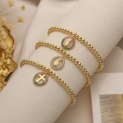 NEWBUY High Quality Handmad Gold Color Beads Chain Bracelets For Women AAA CZ Cross Virgin Mary Jewelry
