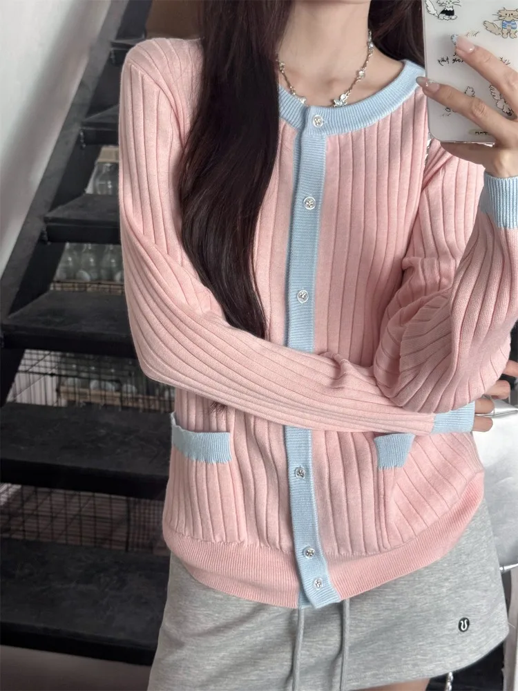 Slim Round Neck Pink Blue Stripes Long Sleeve Sweater Women's New Autumn Winter Sweater Temperament Cardigan Coat Knit New Top