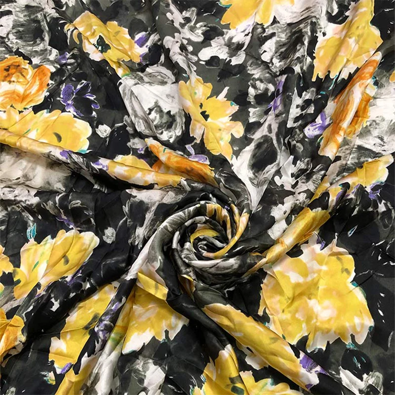 

1 meter 100% Mulberry Silk 13 momme Charmeuse Silk Fabric Black with Yellow Floral Printed 114cm 44" wide by the yard CY037