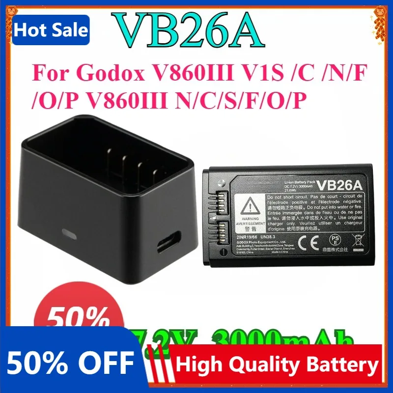 

VB26 VB26A DC 3000mAh 21.6Wh USB Replacement Li-ion Battery Charger for Godox V860III V1S /C /N/F/O/P V860III N/C/S/F/O/P