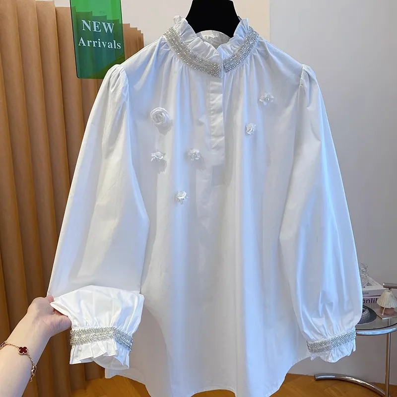 

SuperAen Spring French Style Three-dimensional Floral Diamonds Long-sleeved Stand-up Collar Shirt Oversize Loose Elegant Shirts