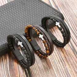 Vintage Multi-Layer Leather Bracelet Men Punk Cross Charm Tiger Eye Stone Beads Bracelet Fashion Braided Wrap Wristbands Jewelry