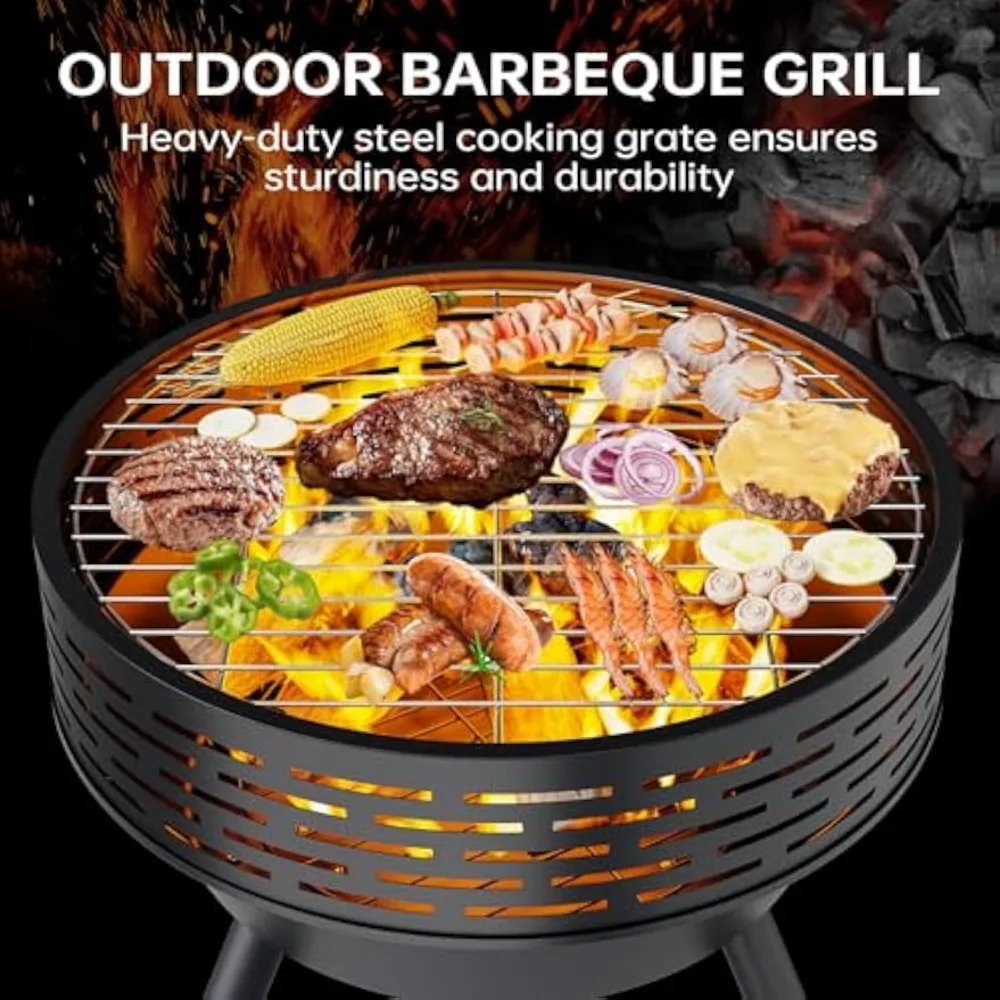 Braço de fogo externo resistente com grelha e tampa, tigela de aço de 23 polegadas para churrasco no quintal e uso no pátio