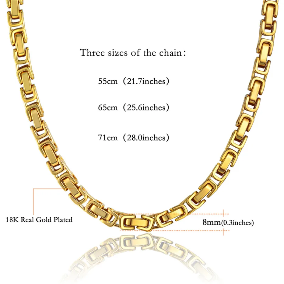 Hot Sale 2 Pcs/Set Hip Hop Classic Men\'s Jewelry Set Gold Plated Heavy Thick Stainless Steel  Byzantine Chain Necklace Bracelet