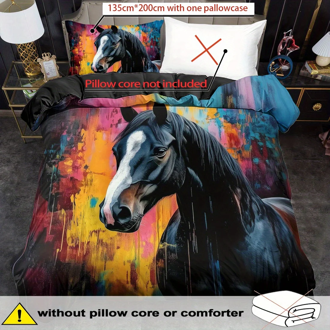 King Queen Animal Dark Horse Print Duvet Cover Set - Machine Washable Bedding Set for Style Bedroom Guest Room Birthday Gift