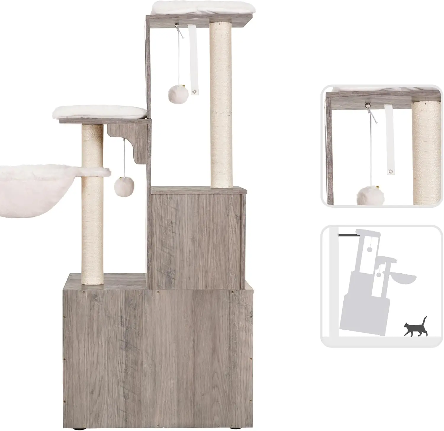 Árbol para gatos, caja de arena de madera con estación de comida, muebles para gatos de interior todo en uno con plataforma grande y condominio, hamaca