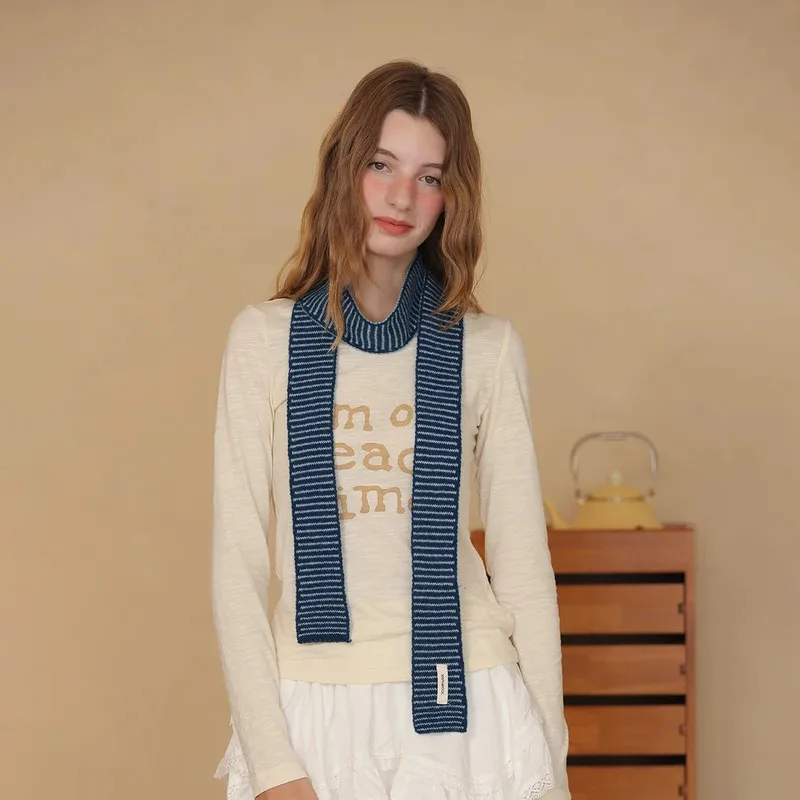 Wool Scarf with Contrasting Stripes, Long and Thin, for Women, Versatile Decorative Small Sausage Scarf
