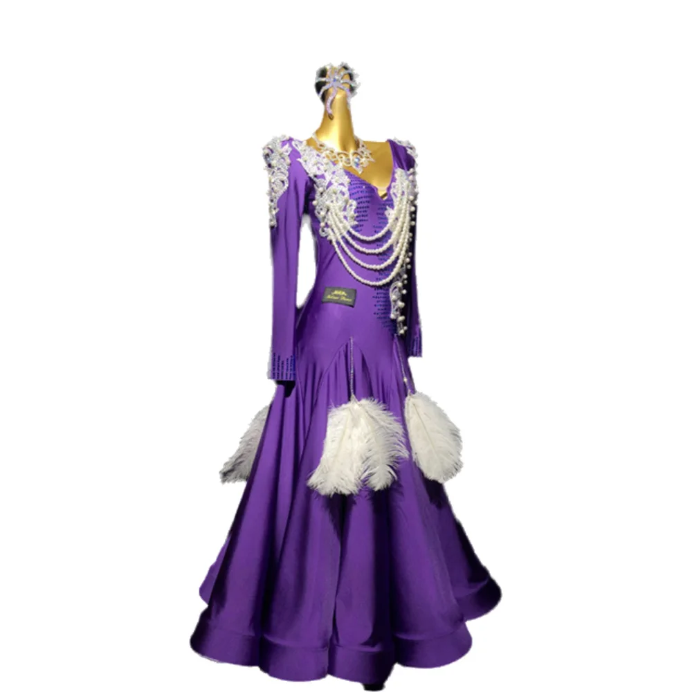 

Latin Dance AB Stone Female Adult Children High end Customized Pearl Feather Long Dress Black Pool Samba Performance Dress