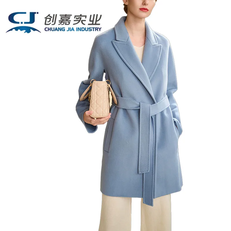 High-end Double-sided Cashmere Autumn and Winter Women's Coat Sky Blue Wool Simple Coat Youth Fashion Light Luxury Good quality