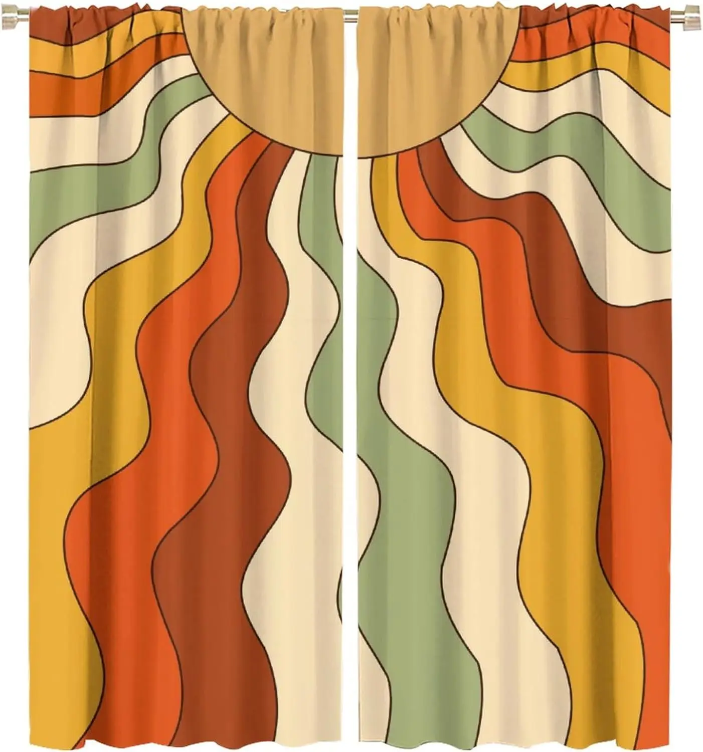 Vintage Groovy Sun Curtains, Abstract 70s Boho Aesthetic Rainbow Hippie Mid Century Colorful Funky Wave Orange Yellow Rod Pocket