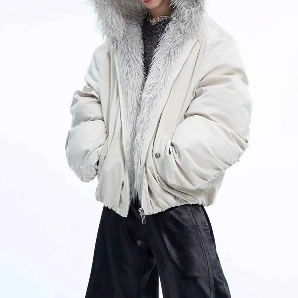 Mens Winter Jacket Furry Patchwork Hooded Cotton Jacket Fashion Casual Outdoor Versatile Comfortable Outerwear Coat 2025 New