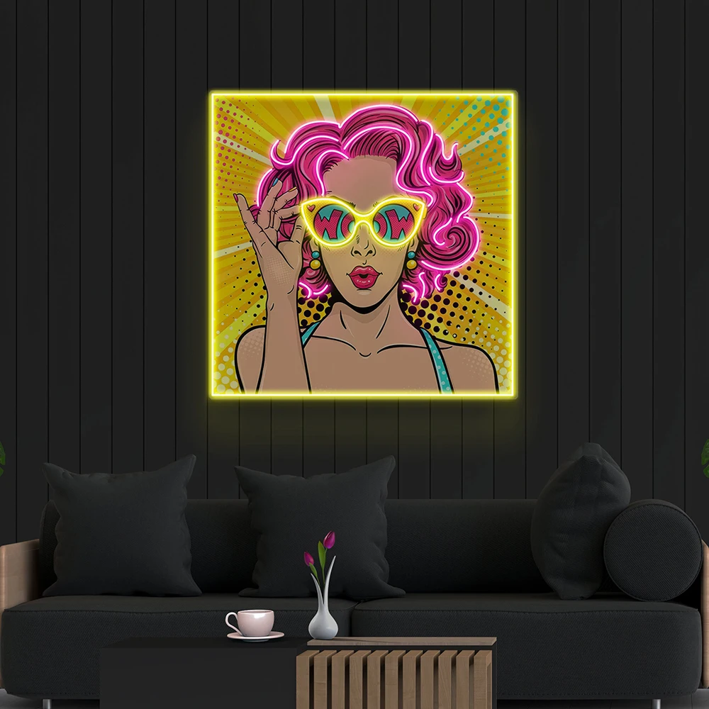 Wow Lady Neon Sign Acrylic ArtWork Sexy Girl with Glass Custom Neon Sign Beautiful Woman Neon Light  Art Wall Decor Living Room